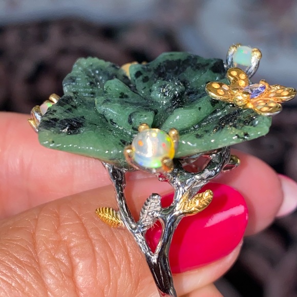 Luxurious Genuine Ruby Zoisite Ring with Gems - Picture 14 of 17